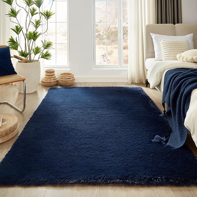Floralux 6x9 Area Rug Living Room Rugs, Dark Blue, Ultra Soft Fluffy Furry Carpet for Bedroom, Non-Slip Indoor Floor Carpets for Kids Boys Girls Dorm, Nursery, Home Decor Aesthetic