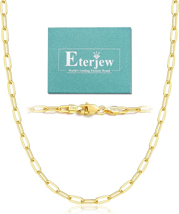 18K Gold Plated and 925 Sterling Silver Paperclip Chain Necklace for Women, 3mm 4mm Women's Chain Necklace, World's Top Craftsmanship Necklace for Women 16 18 20 22 24 26 Inch