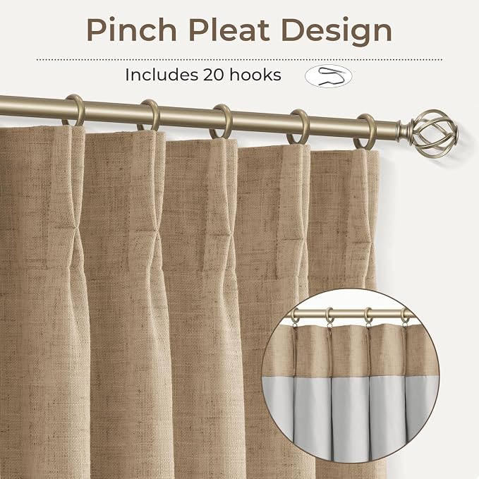 CAPALOCA Café Brown Linen Pinch Pleated Curtains Blackout, 100% Black Out Curtains 102 inch Long for Bedroom, Blackout Thermal Insulated Pinch Pleated Drapes for Living Room, 40" W x 102" L, 2 Panels