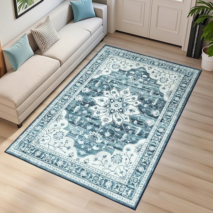 3x5 Large Entryway Rug Indoor, Coastal Blue White Non-Slip Backing Area Rugs for Kitchen - Vintage Boho Distressed Washable Rug, Soft Low Pile Carpet for Office, Lounge, Bedroom Bedside