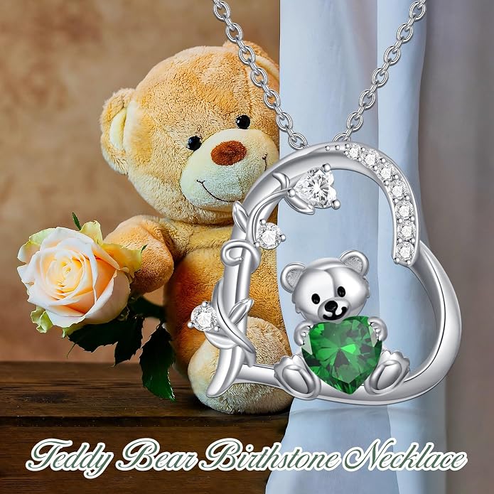 PELOVNY Teddy Bear Necklace for Women 925 Sterling Silver Bear/Highland Cow/Fox/Cat/Axolotl Birthstone Necklace Christmas Birthday Jewelry Gifts for Mom Daughter Wife Sister