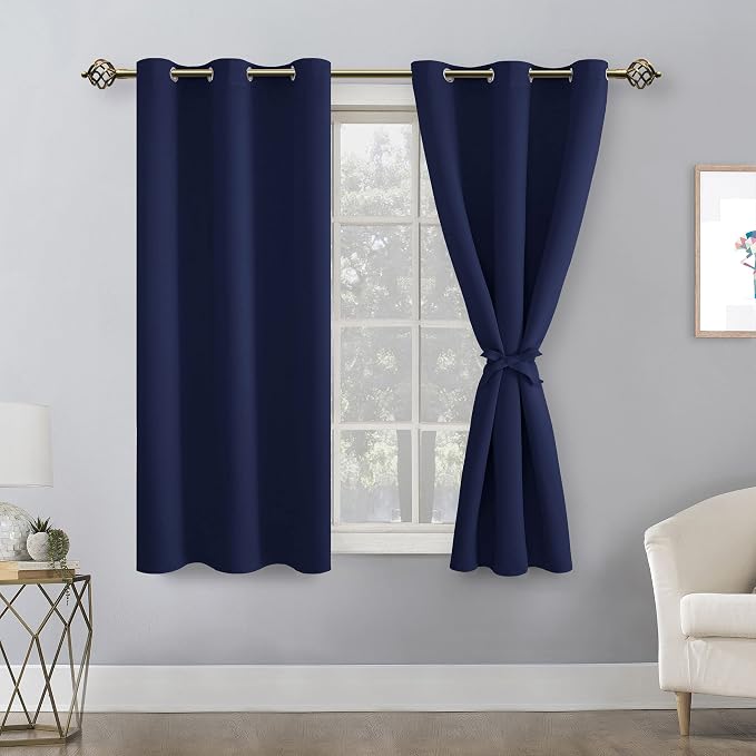 Hiasan Blackout Curtains for Bedroom - Thermal Insulated & Light Blocking Window Curtains for Living Room, 2 Drape Panels Sewn with Tiebacks, Navy Blue, 38 x 54 Inch