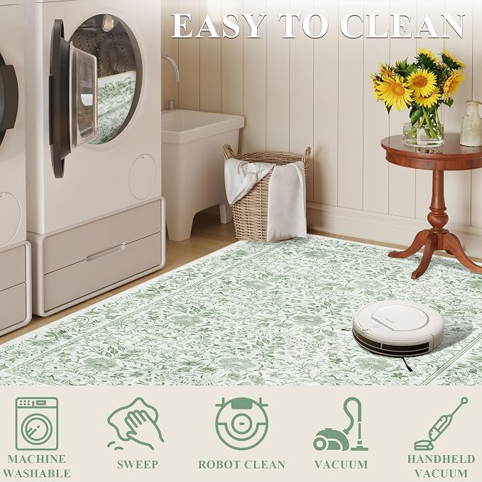 DUKINO 3x5 Rug Washable Vintage Floral Bedroom Area Rug Non Slip Sage Green | Low Pile, Non-Shedding, Aesthetic Lightweight Soft Indoor Small Carpet for Bathroom Entryway Living Room Office Farmhouse