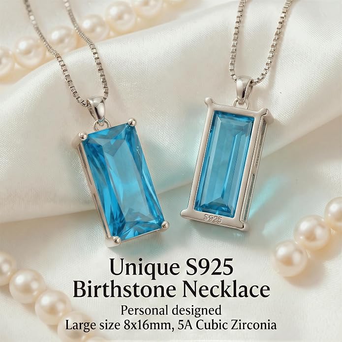 8mm x 16mm Square Birthstone Pendant Necklace – Fashion charming Sterling Silver Gift for women