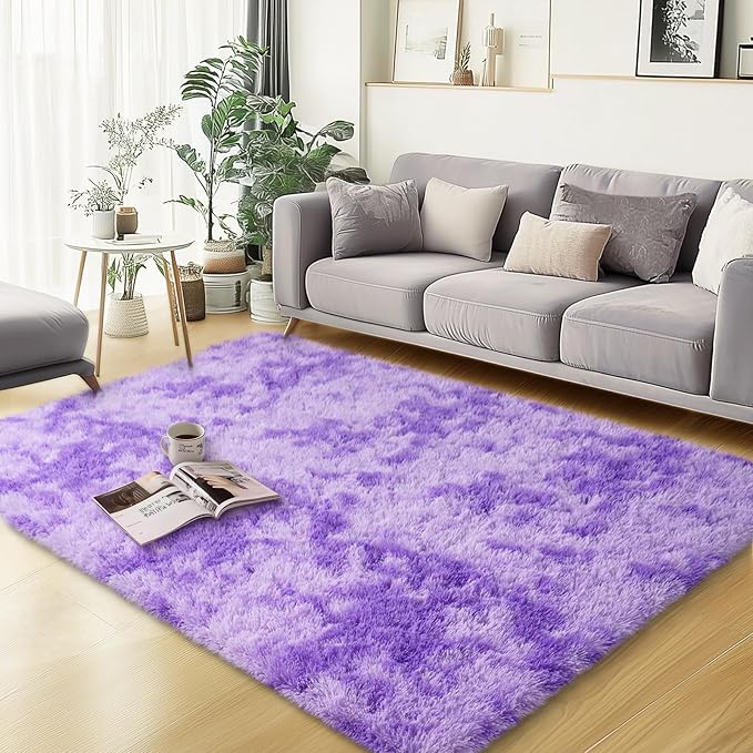 qulint Purple Rugs for Bedroom 3x5, Shag Fuzzy Small Carpet for Living Room | Fluffy Tie-dyed Purple Nursery Rug Soft Plush Shaggy Alfombra for Dorm Kid Room Classroom Home Decor