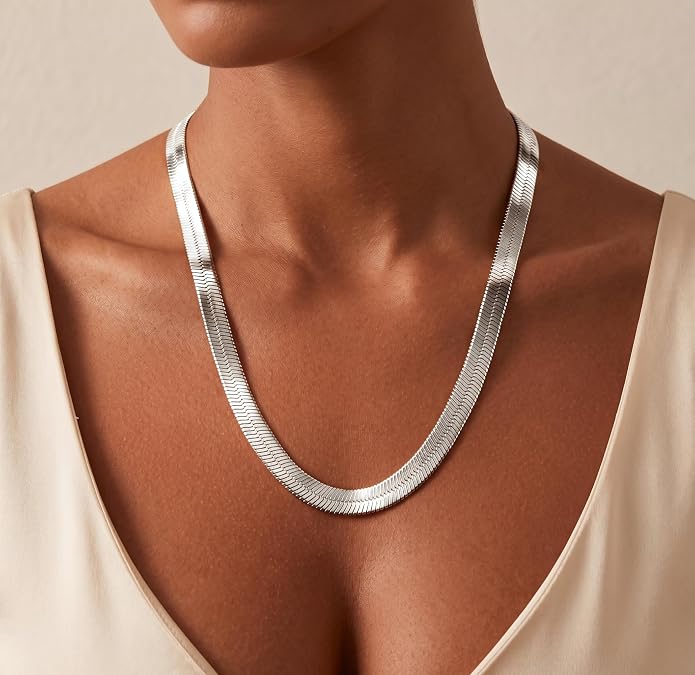 WomenGifts 14K Gold Silver Plated Herringbone Necklace for Women, Dainty Snake Chain Choker, Trendy Simple Long Layered Jewelry Non Tarnish, 3/4/5/8mm,14,16,18,20,22,24,26 Inch Thin & Chunky Options