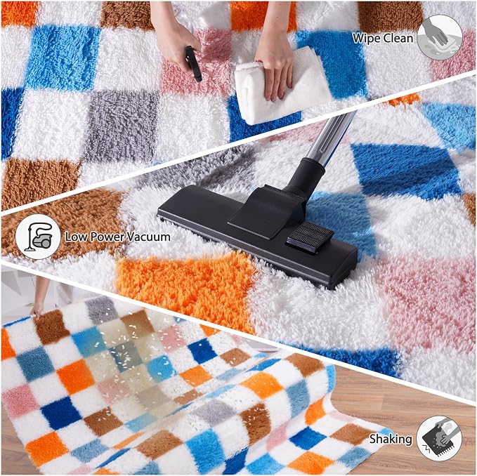 Pionblank 9x12 Area Rug, Large Fluffy Checkered Rugs for Living Room, Shag Rug for Bedroom, Soft Non Slip Shag Carpet for Kids Room Nursery Home Decor, Rainbow