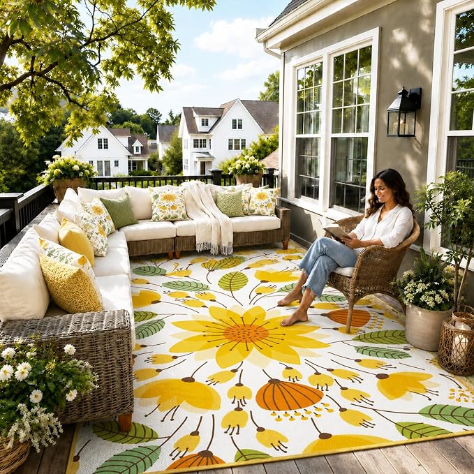 Lahome Floral Indoor Outdoor Rug, 6x9ft Non Slip Outdoor Patio Rug for Backyard Picnic, Soft Large Outdoor Camping Rugs for Balcony Deck, Washable RV Outdoor Rugs for Living Room Bedroom,Yellow