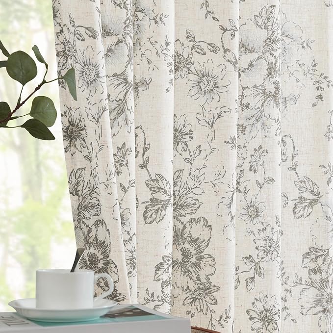 jinchan Grey Floral Linen Curtains 84 Inch Farmhouse Back Tab 2 Panels | Light filtering drapes, semi sheer, farmhouse, cottagecore, rustic, living room, bedroom, rod pocket, window treatment