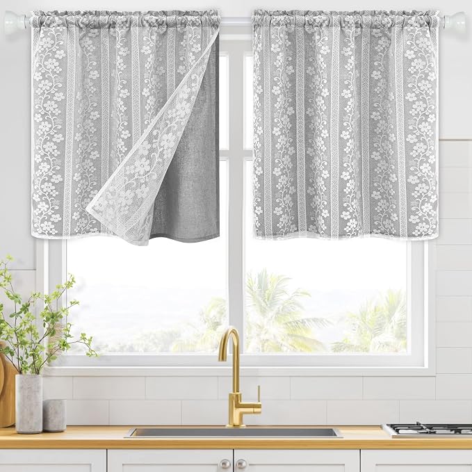 ASPMIZ Linen Kitchen Curtains 24 Inch Length, Double Layered Window Curtain 2 Panel Sets Rod Pocket Short Curtains for Kitchen, Farmhouse Window Treatment Tiers for Bathroom, Cafe, Grey