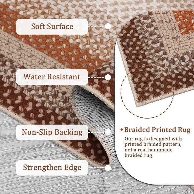 RUGSREAL Hallway Runner Rug 2x6 Braided Machine Washable Kitchen Rug Farmhouse Runner Carpet Non Slip Stain Resistant Rustic Runner Modern Printed Area Rug for Living Room Bedroom, Brown/Rust