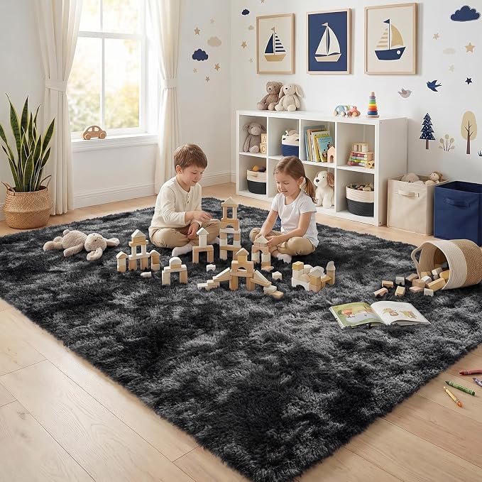 Fluffy Rugs for Living Room: Tie-dye Dark Grey Soft Shag Rug for Bedroom, Large Fuzzy Plush Indoor Floor Carpet Non Slip Modern Rug for Nursery Boys Girls Kids Room Dorms Home Decor, 7x10 Feet