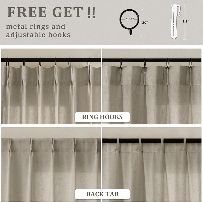 Burlywood Birch Pleated Sheer Curtains 108 Inches Long 72 Inch Wide | Taupe, Memory Shape, Pinch Pleat, Linen Textured Curtains, Extra Long, Light Filtering, Windows Curtain, for Living Room