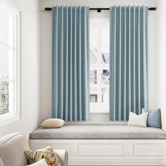 Guken Blue 100% Blackout Linen Curtains 63 Inch Length 2 Panels Set for Living Room Bedroom Back Tab Rod Pocket Thermal Insulated Black Out Drapes Room Darkening Farmhouse Window Curtains 52x63