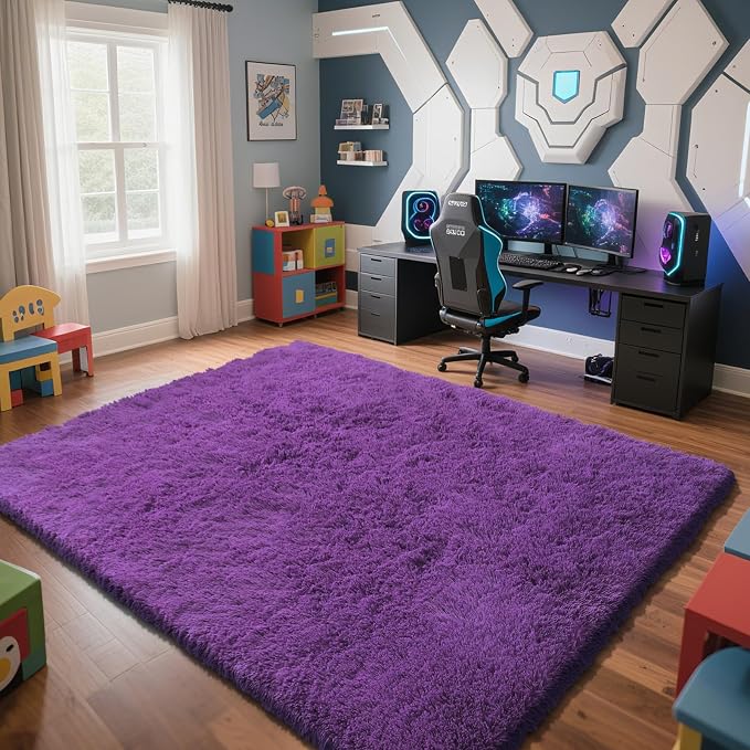 Purple Fluffy Rug Shag Area Rug, 6x9 Area Rugs for Girls Bedroom, Big Soft Shag Bedside Non-Slip Plush Dorm Carpet Home Decor Aesthetic