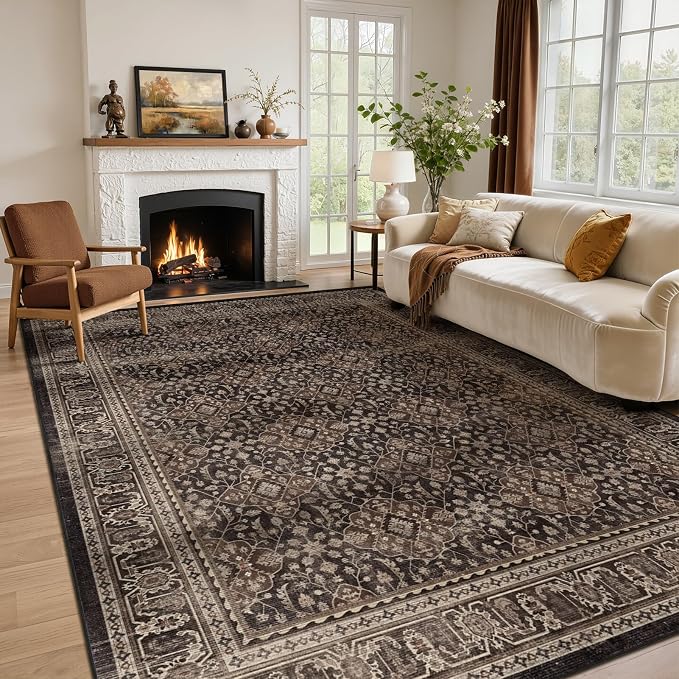 Dark Wood 8x10 Area Rug for Living Room, Vintage Farmhouse Bedroom Rug with Moroccan Floral Trellis Pattern, Non Slip Washable Low Pile Thin Carpet Rug for Dining Room/Home Office, Brown Black