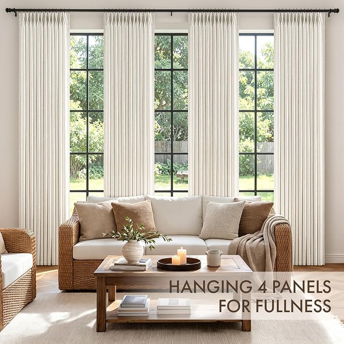 MIULEE 4 Panels Set Pinch Pleated Linen Curtains 90 Inches Long for Living Room Bedroom, Thick Linen Memory Trained Pleat Drapes Back Tab Light Filtering Beige White Window Curtains with Hooks