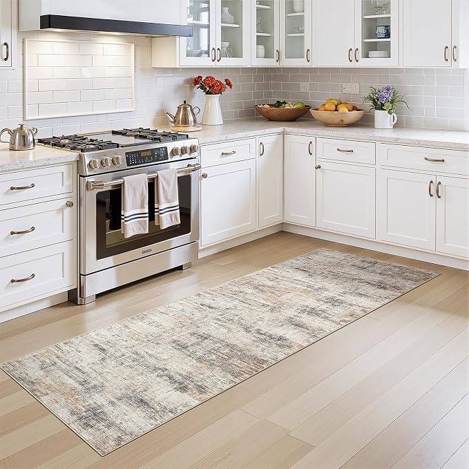 Lofus 2X 8 Area Rug for Hallways, Gold Abstract Washable Runner Rugs with Non Slip Rubber Backing, Low Pile Soft Carpet Runner for Kitchen Bathroom Bedroom Laundry