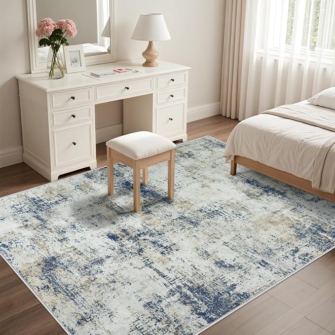 10x14 Area Rugs Living Room Rugs: Large Washable Rug with Anti-Slip Backing Non-Shedding Stain-Resistant Soft Abstract Carpet for Bedroom Dining Room Nursery Home Office Blue Brown