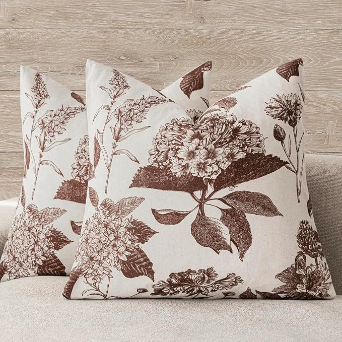 Foindtower Set of 2 Linen Floral Throw Pillow Covers Vintage Accent Print Decorative Cushion Covers Farmhouse Boho Home Decor for Sofa Chair Couch Bedroom Living Room,24×24 Inch,Dark Brown