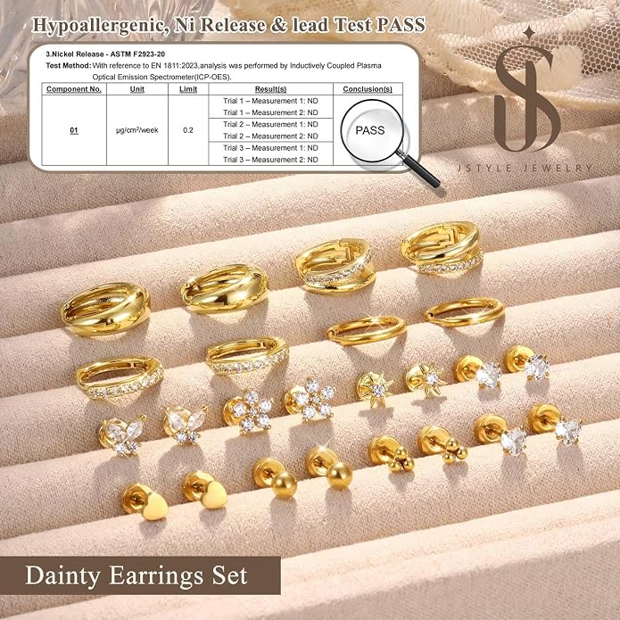 Jstyle Hypoallergenic 14K Gold Plated Stud Hoop Earrings for Women Men Surgical Stainless Steel Flat Back Earrings Small Huggie Hoops Cartilage Earring Set for Multiple Piercing Jewelry Gift for Women