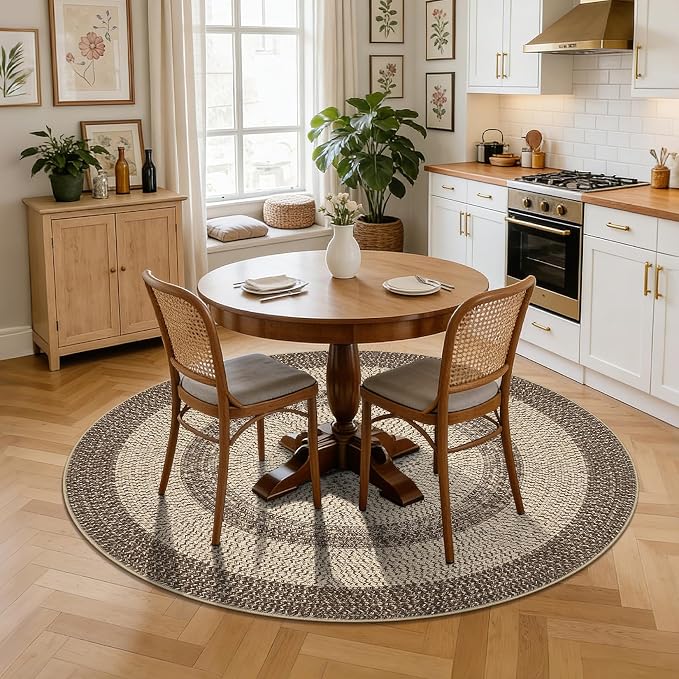 Modern Bordered Round Area Rug 4ft Washable Bedroom Circle Rugs Non Slip Stain Resistant Dining Room Round Throw Carpet Contemporary Circle Mats for Living Room Kitchen Nursery, Camel