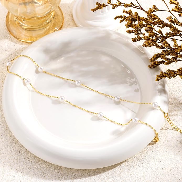 Tewiky Gold Chain Necklace for Women, 14k Gold Plated Thin Beaded Wave Box Necklace Dainty Simple Layered Choker Minimalist Link Chain Necklace Trendy Jewelry for Women