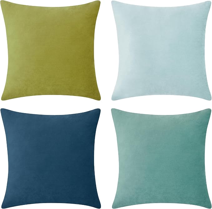MONDAY MOOSE Decorative Throw Pillow Covers Cushion Cases, Set of 4 Soft Velvet Modern Designs, Mix and Match for Home Decor, Pillow Inserts Not Included (18x18 inch, Green/Blue)