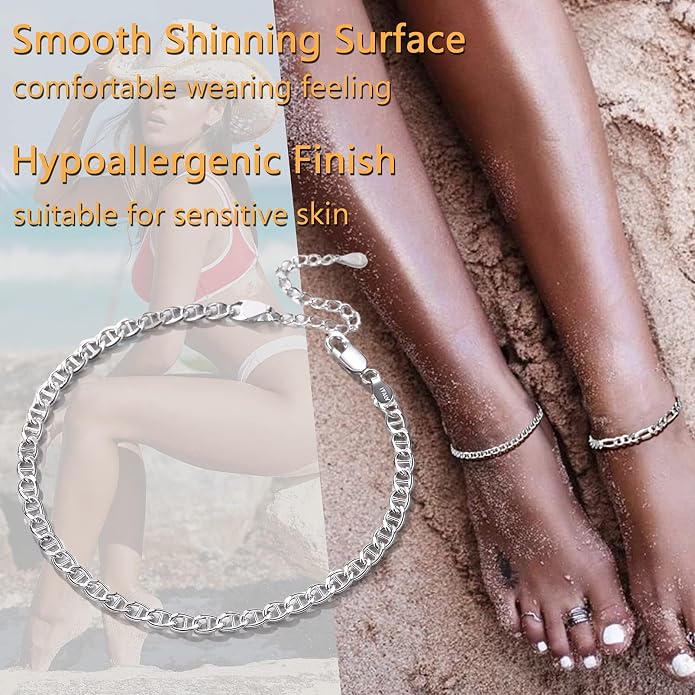 PROSILVER 925 Sterling Silver Ankle Bracelets For Women, Stylish Chain Anklets, Summer Beach Jewelry, 8.6-10.6 Inch Adjustable, Come with Box