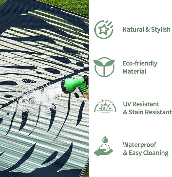 GENIMO Outdoor Rug, Waterproof Plastic Rugs for Patio, 6'x9' Sea Green | Outside Larger Leaf Carpet Mat for Porch Decor, Deck, Balcony, Camping, RV, Backyard, Picnic, Beach, Reversible, Foldable