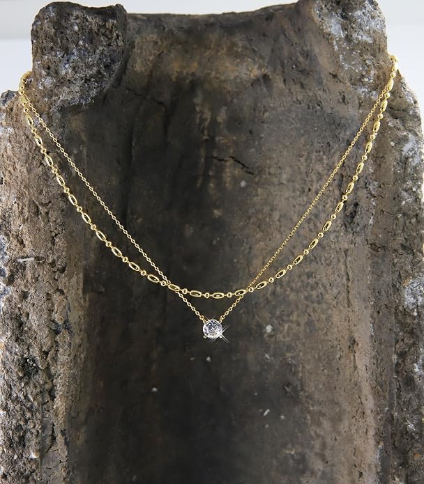 OZEL JEWELRY & GIFT Layered Gold Necklaces for Women - Crystal Colorful Delicate Cutting Pendant Necklace - 18K Gold Plated - Birthday Gifts (Made in Korea)