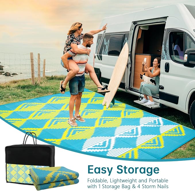 Beeiva Large Outdoor Rug 9x12 Waterproof for Patio, Reversible Outdoor Patio Rug for Backyard, Deck, Blue Yellow