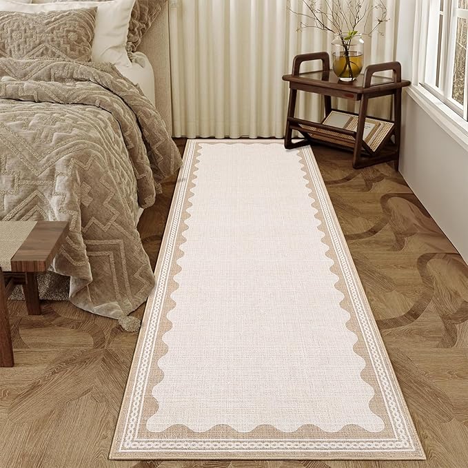 GarveeHome Scalloped Beige 2.5x8 Runner Rug for Hallway Washable Kitchen Rugs Non Slip Solid Modern Minimalism Soft Low-Pile Scalloped Indoor Carpet for Entryway Laundry Room Floor Mats
