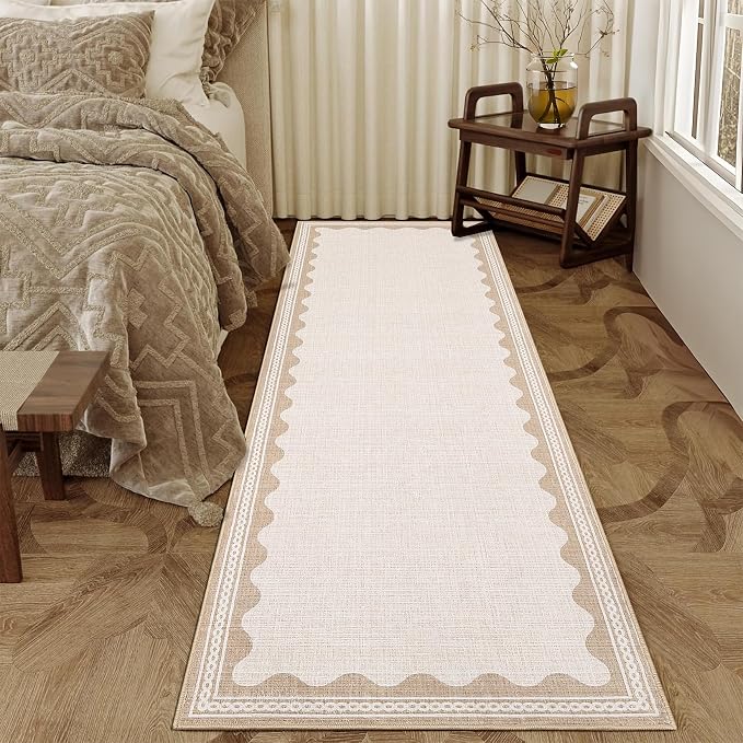 GarveeHome Scalloped 2x6 Runner Rug for Hallway Washable Kitchen Rugs Non Slip Solid Beige Modern Soft Low-Pile Indoor Carpet for Entryway Laundry Room Floor Mats