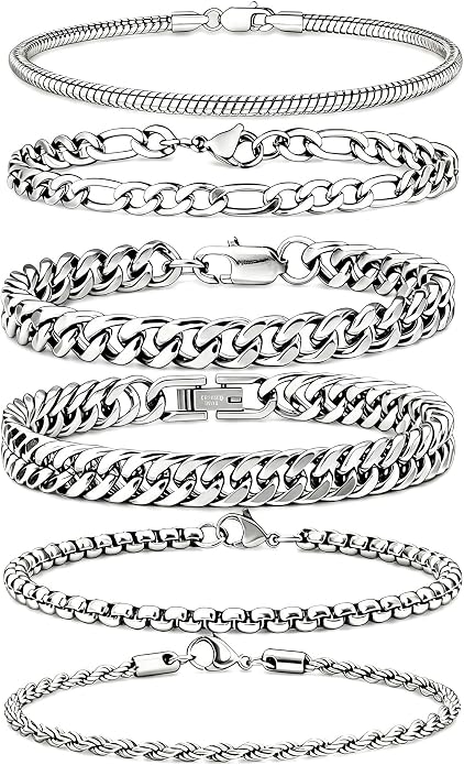 6 Pcs Silver/Gold Bracelets for Men, Cuban Link Chain Stainless Steel Bracelet Stack Metal Figaro Rope Black Bracelet Set Mens Fashion Accessories Jewelry Set for Men Dad Husband Son 7.5/8.3/9 Inches