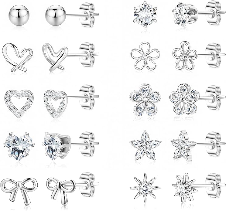 LOYALLOOK Stud Earrings for Women Hypoallergenic, 14K Gold Plated Surgical Steel Earrings for Sensitive Ears Women Dainty Small Heart Flower Bow Earrings for Jewelry Gift