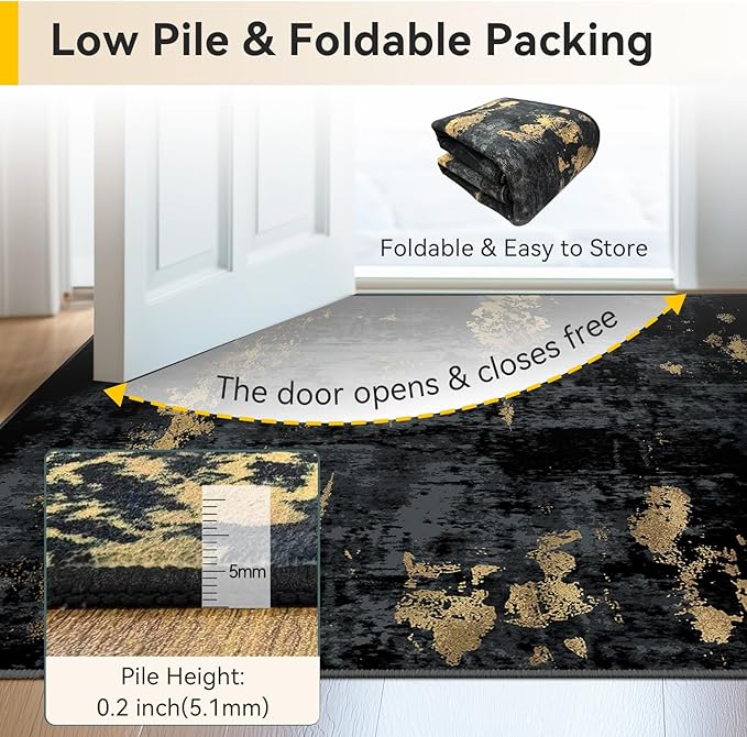 RELEANY Washable Area Rugs 7x10 Non-Slip Modern Abstract Soft for Living Room Entryway Bedroom Kitchen, Print Pattern, Dark Black Gold