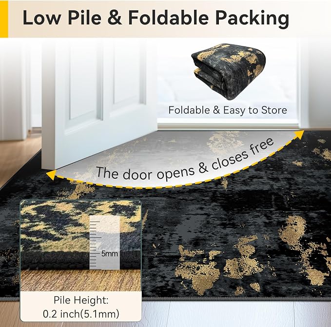 RELEANY Washable Area Rugs 3x4 Non-Slip Modern Abstract Soft for Living Room Entryway Bedroom Kitchen, Print Pattern, Dark Black Gold