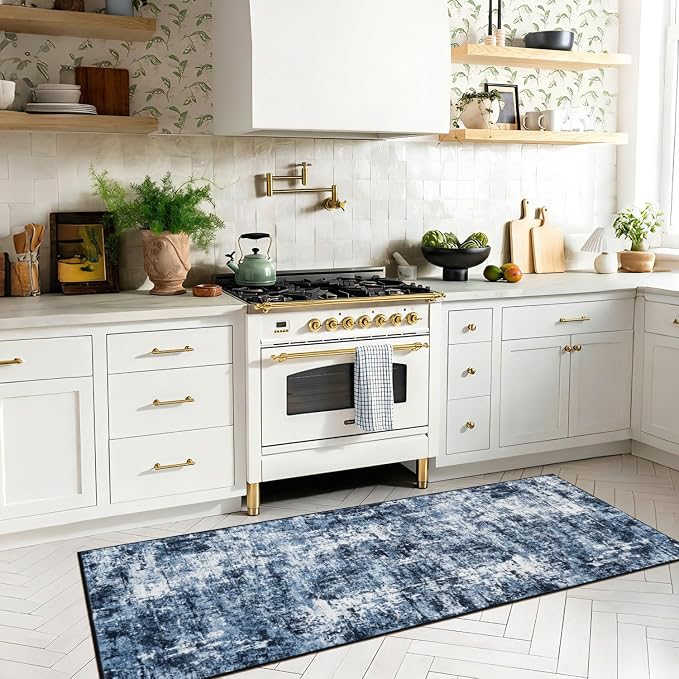 Rugflix 2x6 Runner Rug for Entryway, Kitchen Rugs Soft Non-Slip Washable Runners for Hallway, Abstract Small Carpet with Non-Slip Backing for Bedroom, Living Room, Navy Blue/Black