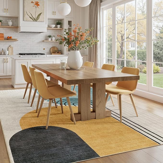 DCX Abstract Machine Washable 10x14 Rug, Mid Century Modern Rug for Living Room, Soft Low Pile Non Slip Carpet, Kid & Pet Friendly Stain Resistant Rug for Bedroom Dining Room Office, Blue & Yellow