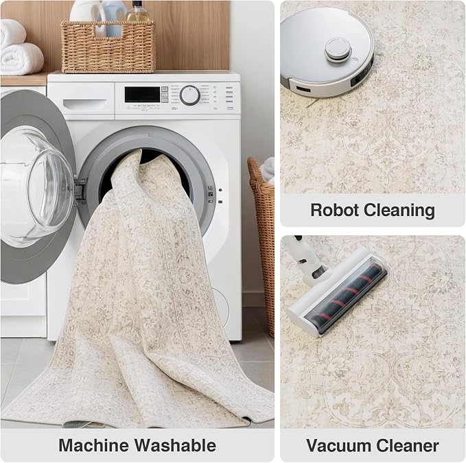 FMFUNCTEX 3x4 Washable Area Rug Beige Vintage Neutral Distressed Non Slip Low Pile Floral Retro Indoor Carpet for Entryway Entrance Thin Soft Rug Living Room Bedroom Kitchen Office Desk Laundry