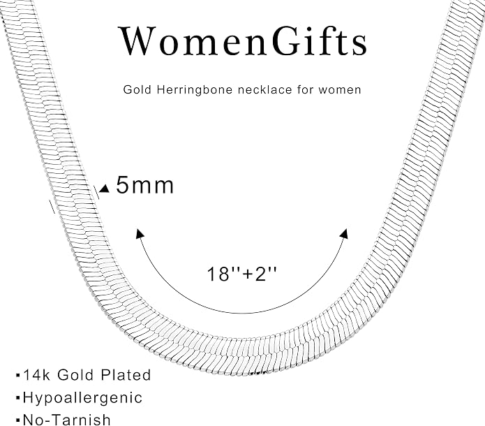 WomenGifts 14K Gold Silver Plated Herringbone Necklace for Women, Dainty Snake Chain Choker, Trendy Simple Long Layered Jewelry Non Tarnish, 3/4/5/8mm,14,16,18,20,22,24,26 Inch Thin & Chunky Options