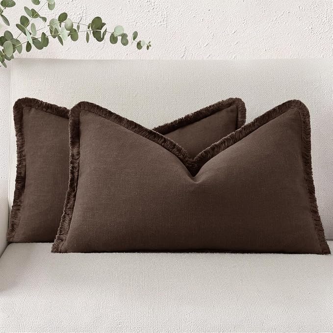 decorUhome Linen Fringe Chocolate Throw Pillow Covers 12x20 Set of 2 | Decorative Soft Accent Modern Boho Farmhouse Lumbar Cushion Covers with Tassels Cotton Pillow Covers for Couch Bed Sofa