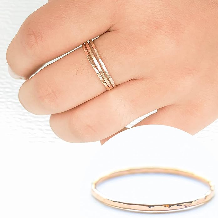 Ellie J Maui Hammered Ring, 1mm Thin Stacking Rings, Minimalist Rings for Women, 14K Gold Filled Rings for Teen Girls Midi Knuckle Pinky Finger Jewerly (Size 3-11)