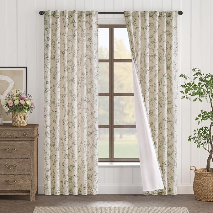 Lazzzy Charlotte Green Floral Lined Linen Farmhouse Curtains 90 Inch Long Back Tab Drapes for Living Room Bedroom Light Filtering Vintage Rod Pocket, 2 Panels, Green on Beige