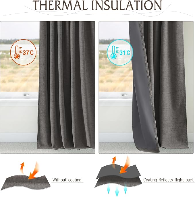 RYB HOME Pinch Pleated Back Tab Curtains Linen Textured 100% Blackout Curtains Thermal Insulated for Bedroom Living Room Bay Window Drapes, W 42 x L 96 inches, Grey, 2 Panels