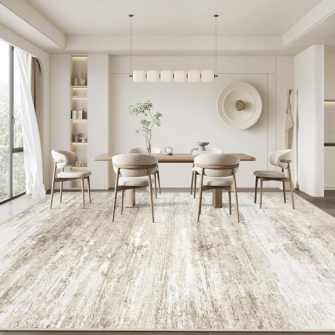 Washable Rug 9x12 Area Rugs for Living Room: Large Neutral Soft Rug Abstract Non Slip Low Pile Modern Carpet for Bedroom Kitchen Nursery Office Dining Room Indoor (Beige, 9'x12')