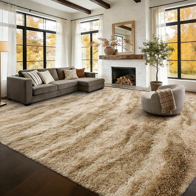 Extra Large 8x10 Area Rugs for Living Room Decor, Non-Slip Shaggy Tie-Dyed Rugs for Bedroom Kids Playroom Dorm Room, High Pile Ultra Soft Carpet, Khaki