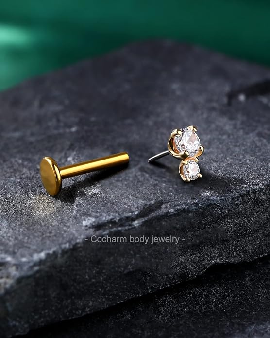 Cocharm 14K Gold Cartilage Earring 16g Real Gold Flat Back Helix Piercing Jewelry Push Pin Tragus Conch Stud for Women Men