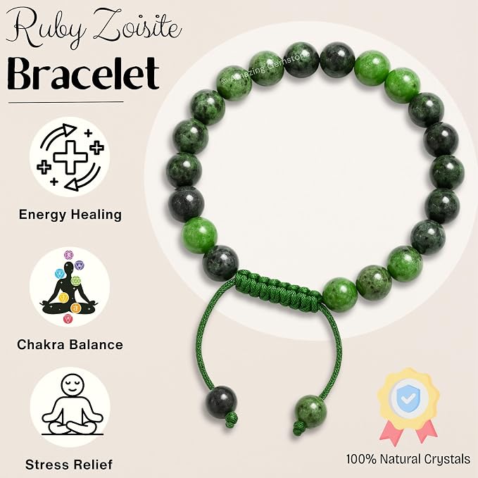 Amazing Gemstone Ruby Zoisite Bracelet, Gifts for Men & Women - Protection Healing Crystal Bracelet - 8mm Gemstone Beaded Adjustable Bracelet, Pulseras para Hombres Mujer Stocking Stuffers